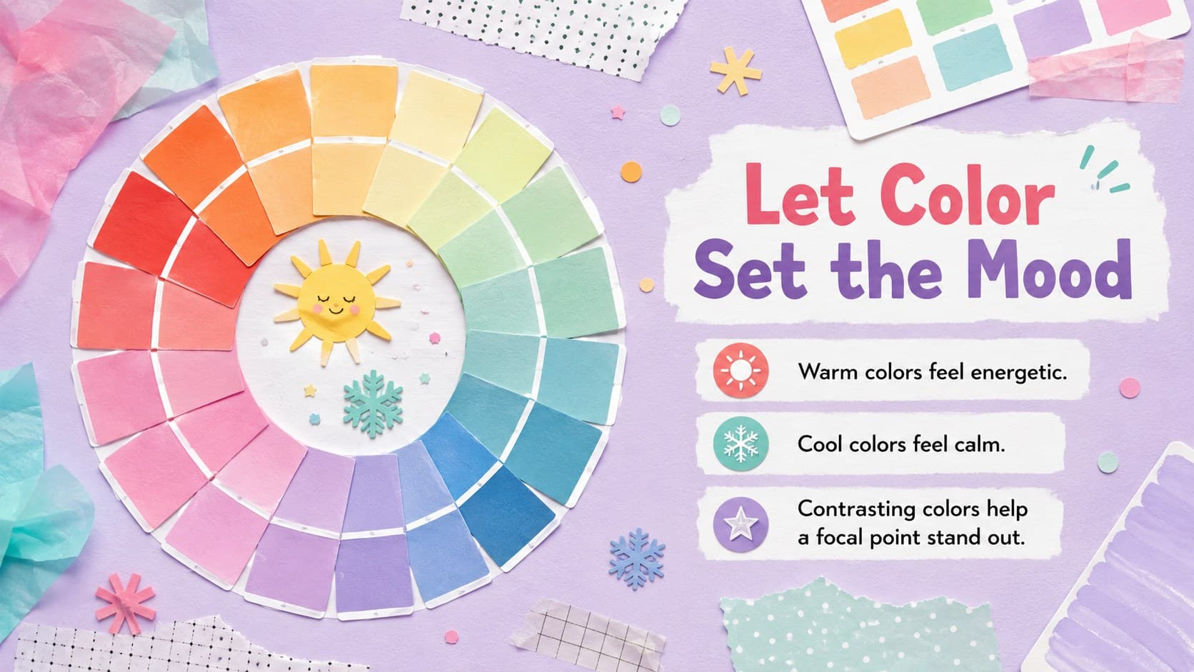 Pastel visual arts teaching slide explaining how warm, cool, and contrasting colors shape a collage.