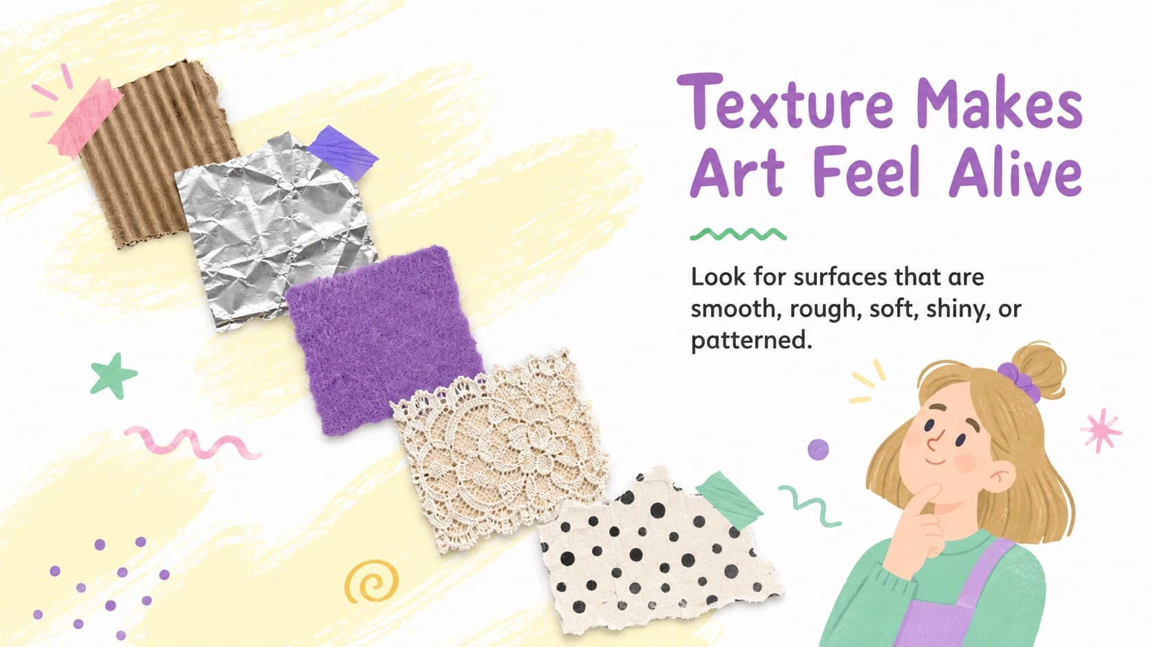 Elementary collage project presentation slide showing smooth, rough, shiny, and patterned textures.