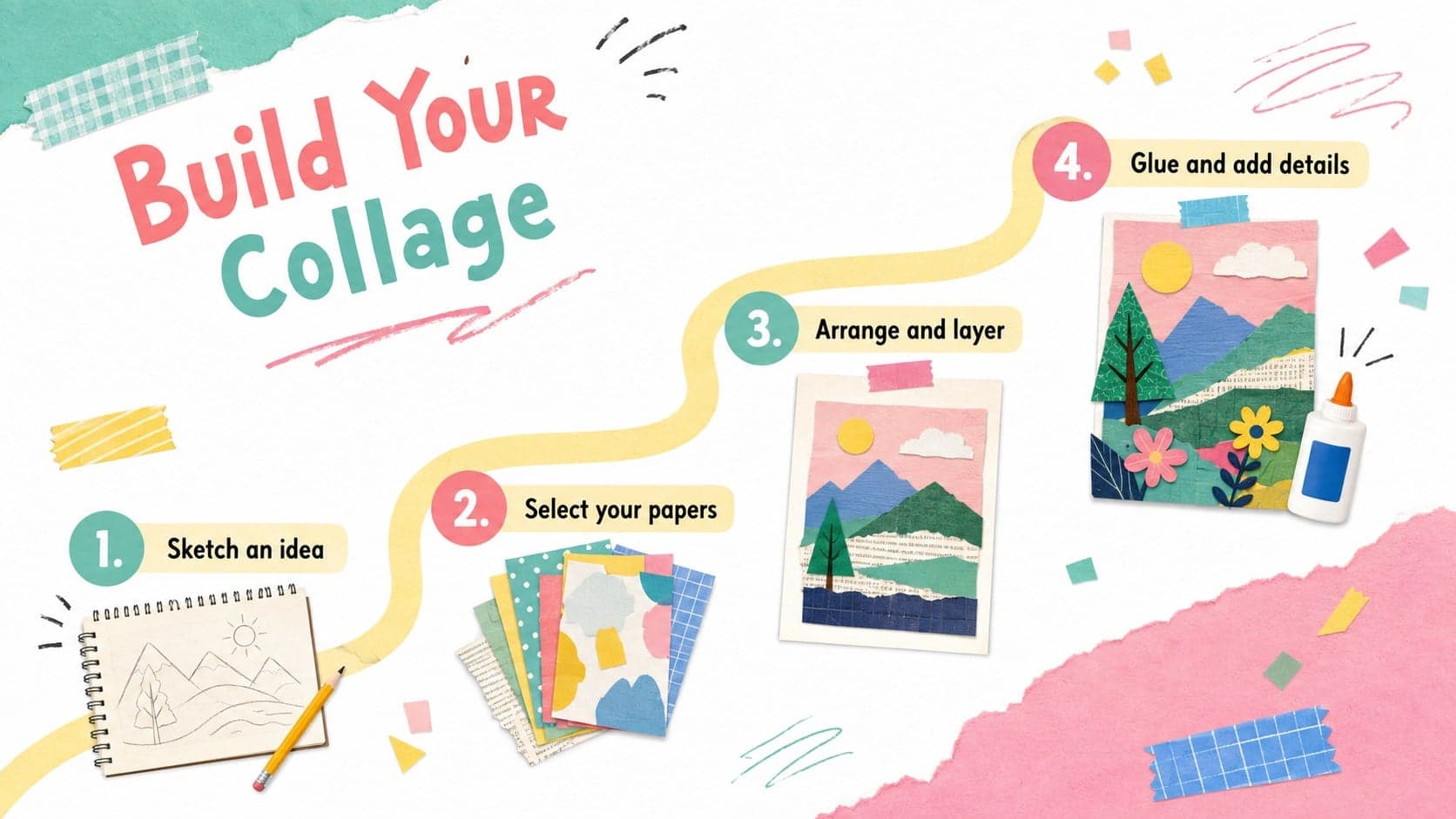 Paper collage lesson for kids slide with four illustrated steps from idea sketch to finished details.