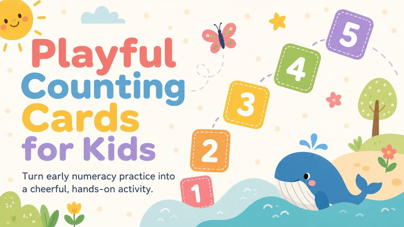 Cover for Playful Counting Cards for Kids with pastel numerals, friendly animals, and colorful classroom shapes.