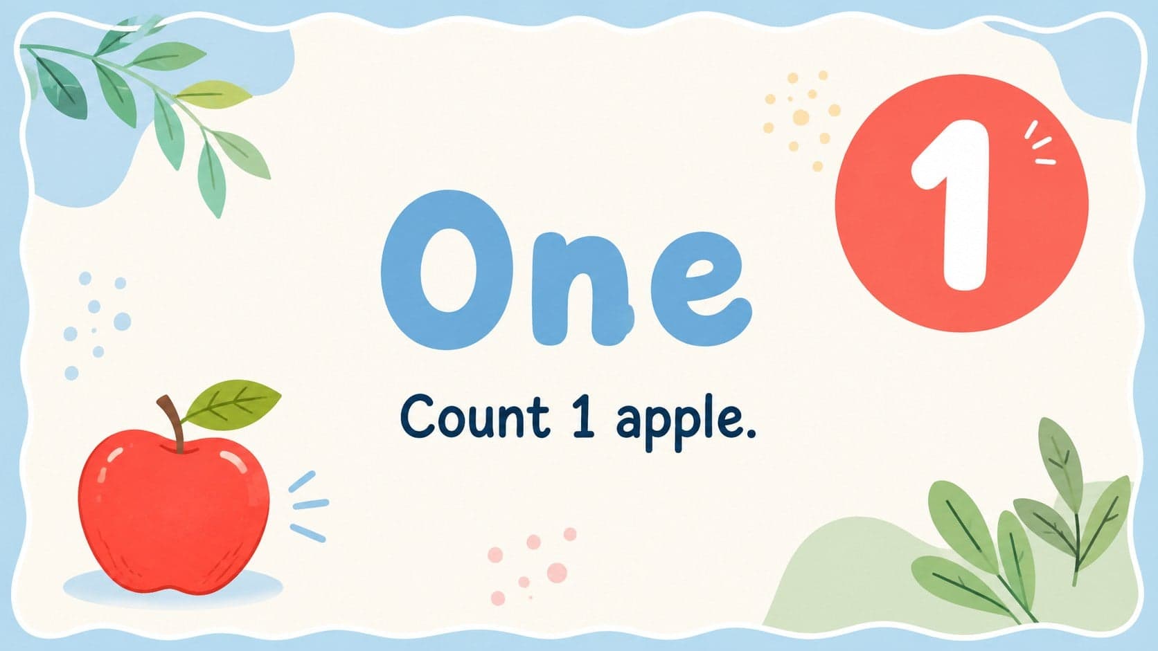 Pastel number one counting card featuring a single illustrated red apple for preschool number recognition.