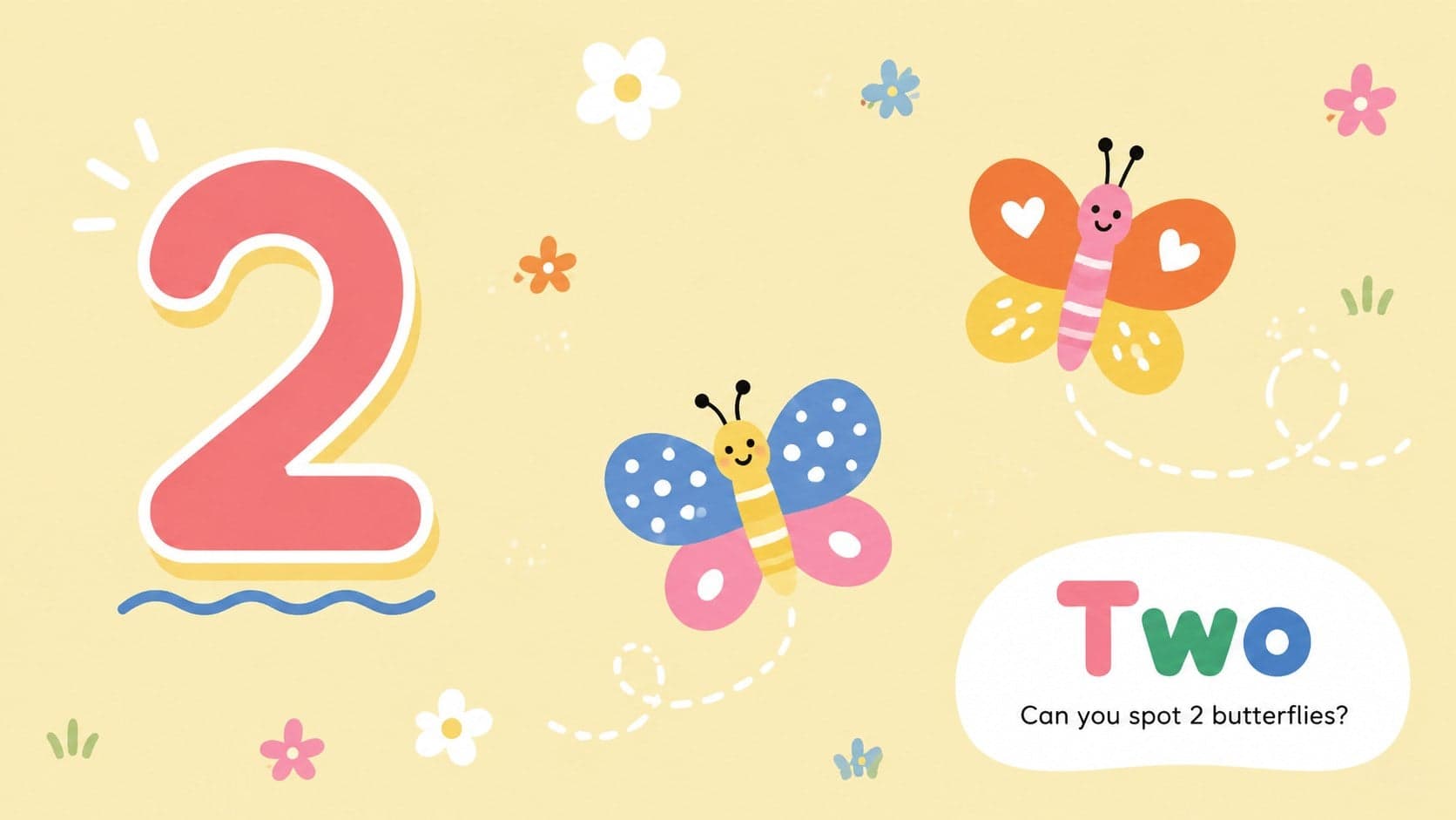 Illustrated number two flashcard with two pastel butterflies for an early math counting activity.