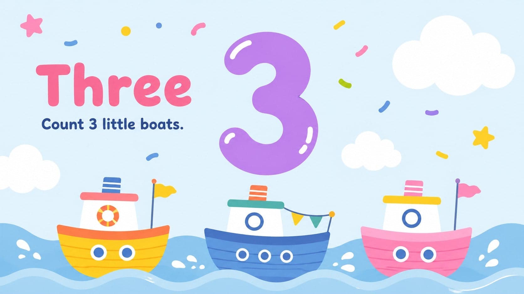 Number three preschool counting card showing three colorful toy boats on a playful pastel background.