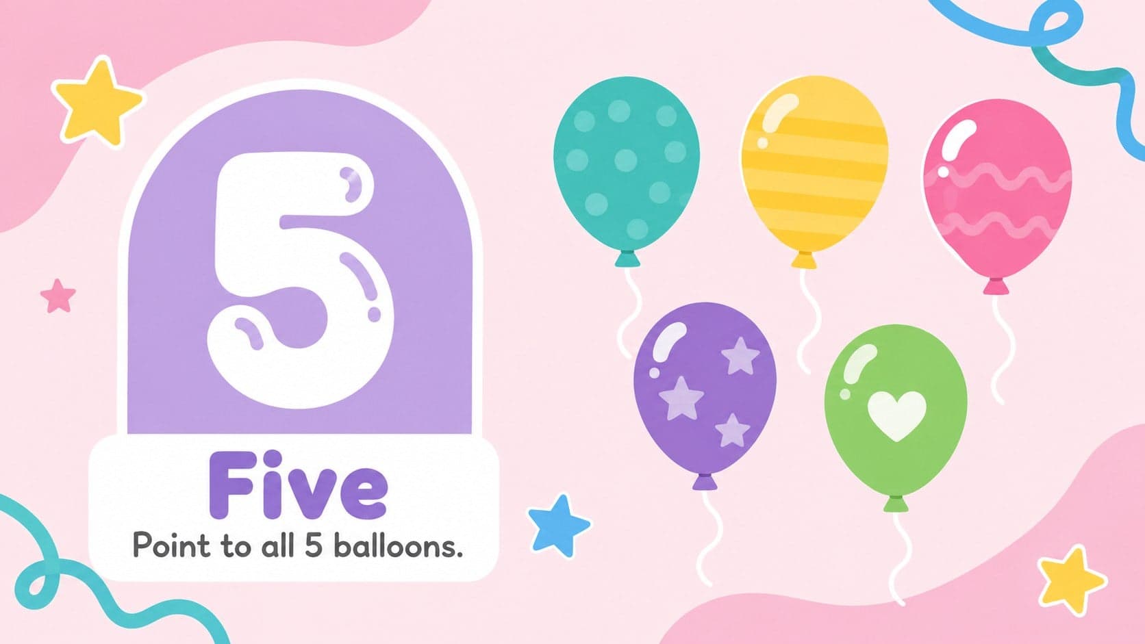 Pastel number five learning card displaying five bright balloons for a classroom counting game.