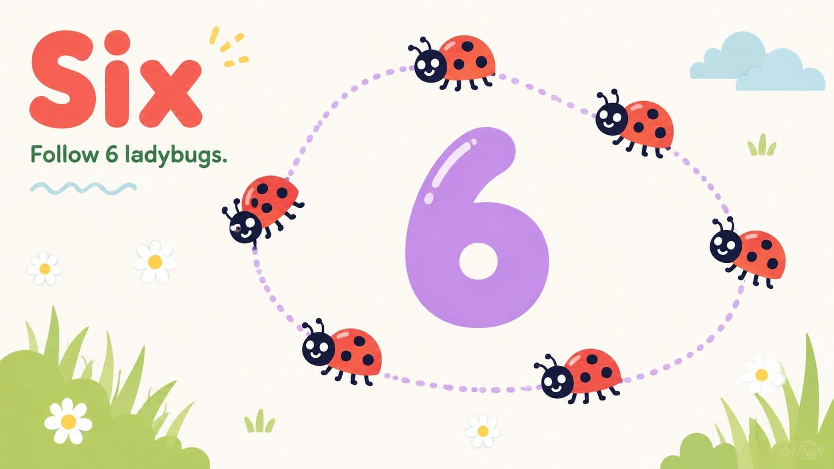 Illustrated number six flashcard with six ladybugs arranged for early numeracy practice.