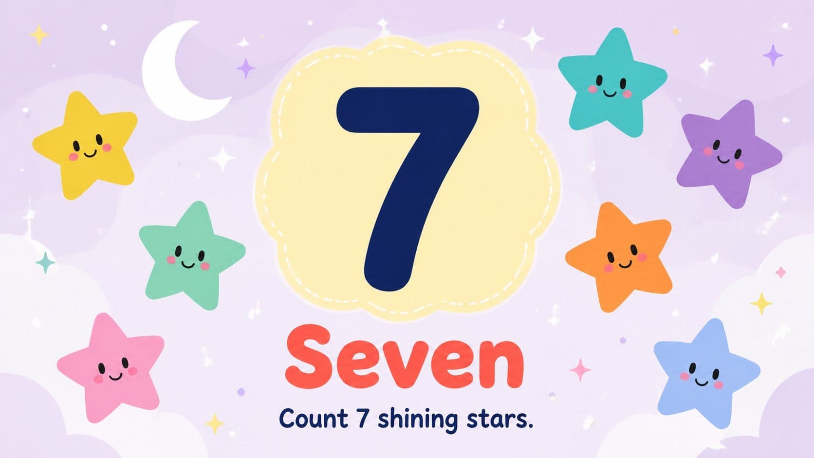 Number seven counting card featuring seven pastel stars for preschool flashcard practice.