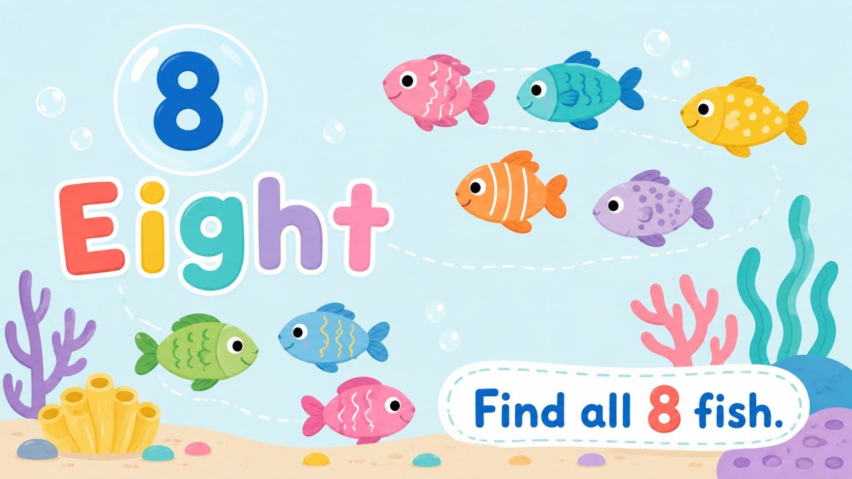 Number eight kindergarten math card with eight illustrated fish in a colorful underwater scene.