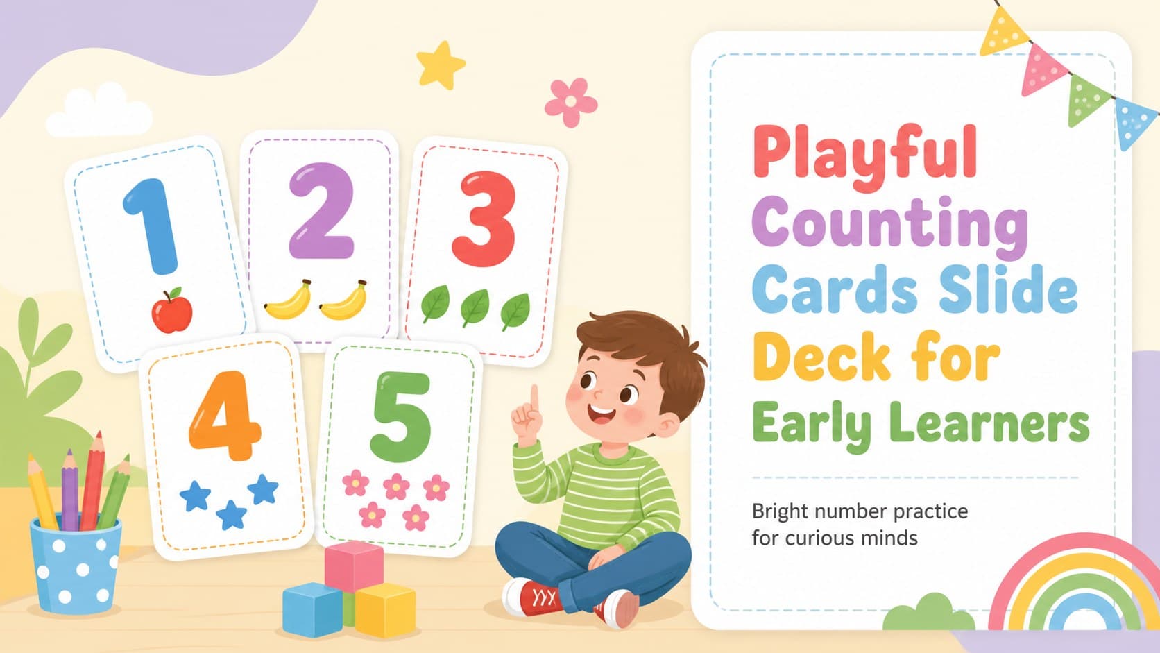 Cover slide for a playful counting cards slide deck showing colorful preschool number learning artwork.