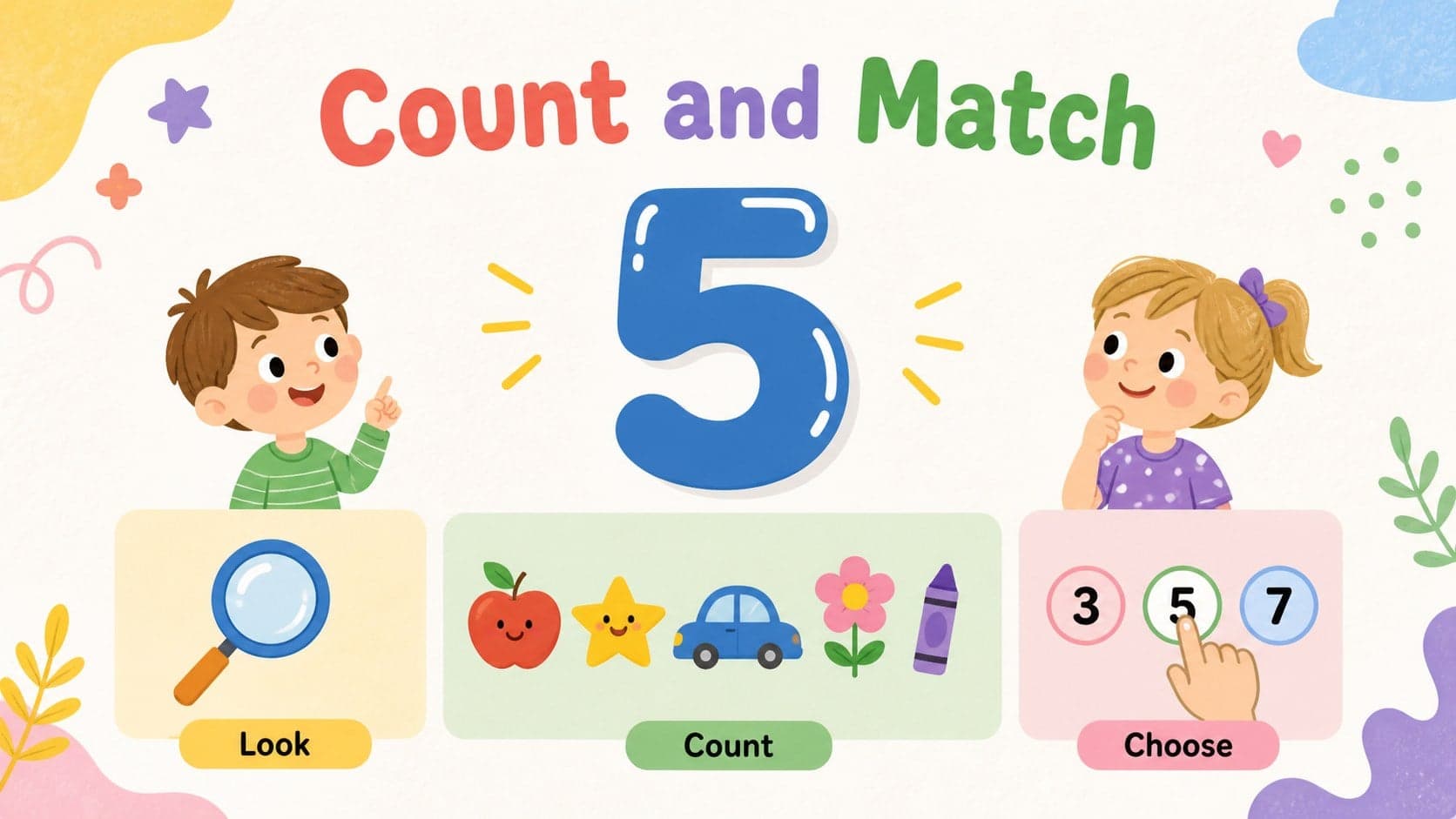 Preschool number recognition activity slide with large numerals, counting objects, and pastel educational illustrations.