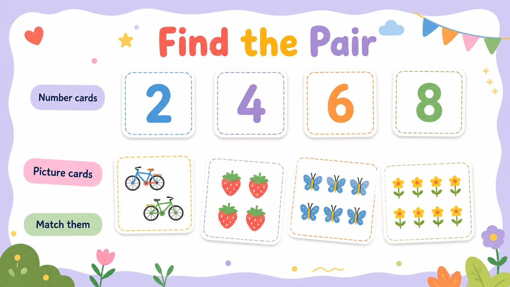 Printable counting cards for kids arranged in a playful matching game layout with numbers and pastel objects.