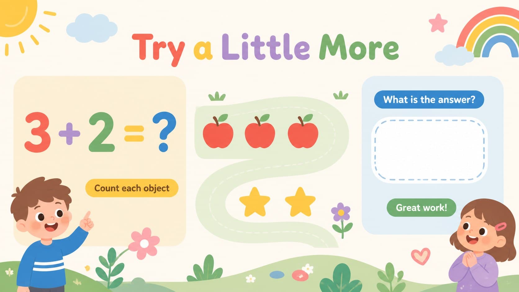 Early math lesson slides closing activity featuring a simple addition challenge and cheerful pastel number graphics.