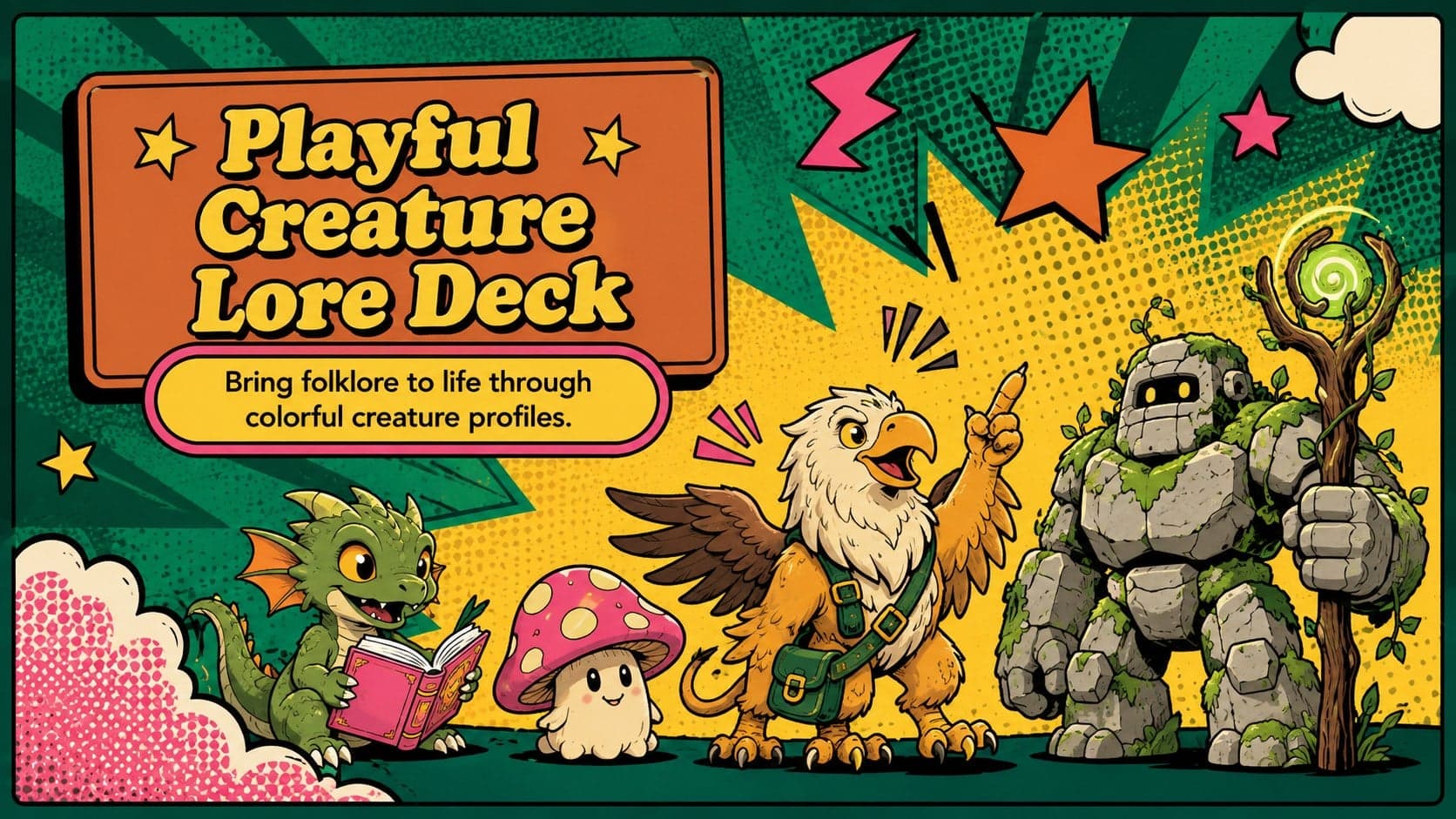 Cover of a playful creature lore deck with colorful original monsters and bold pop-art typography.