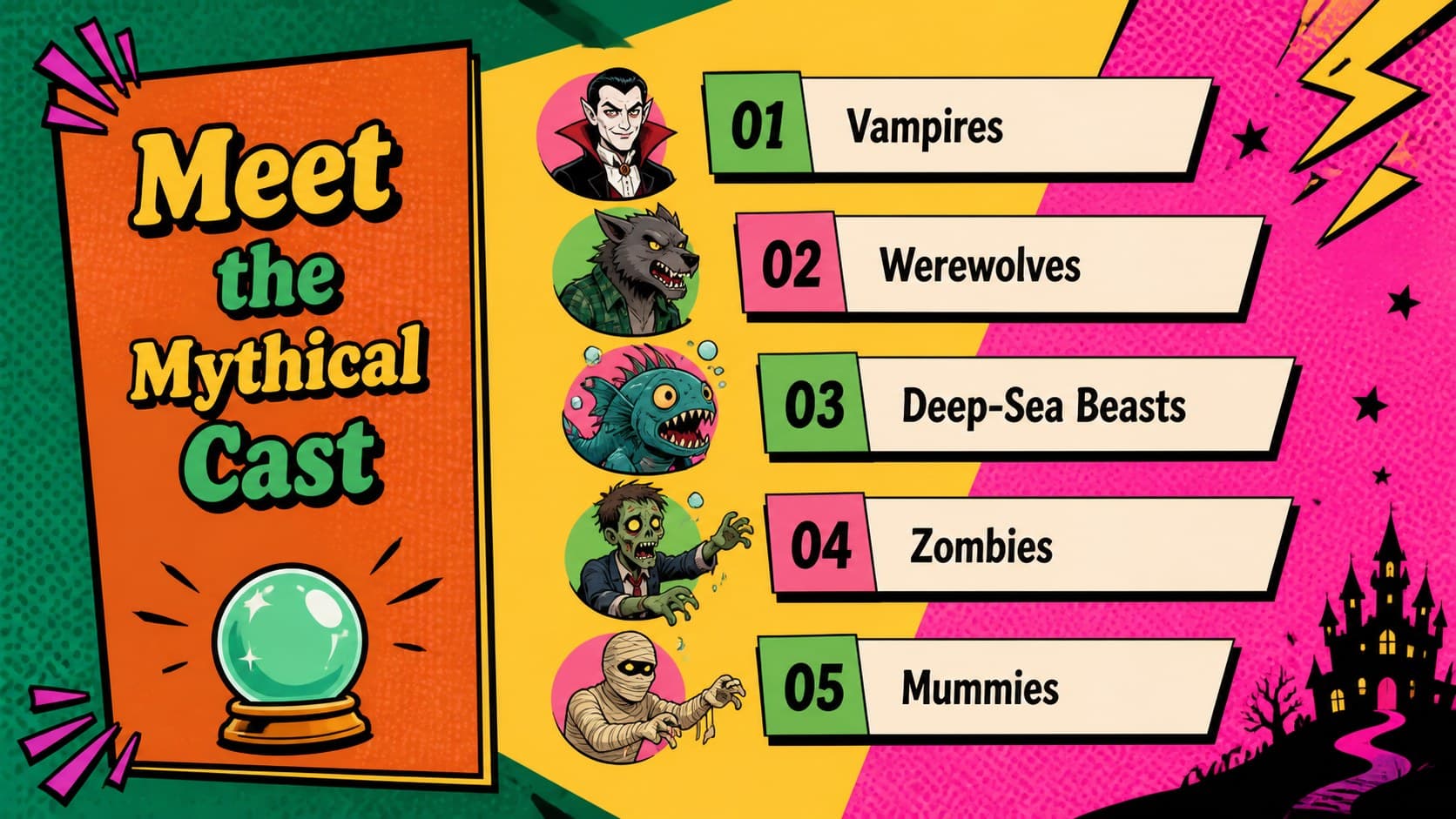 Colorful mythical creature classroom presentation agenda introducing five types of legendary beings.