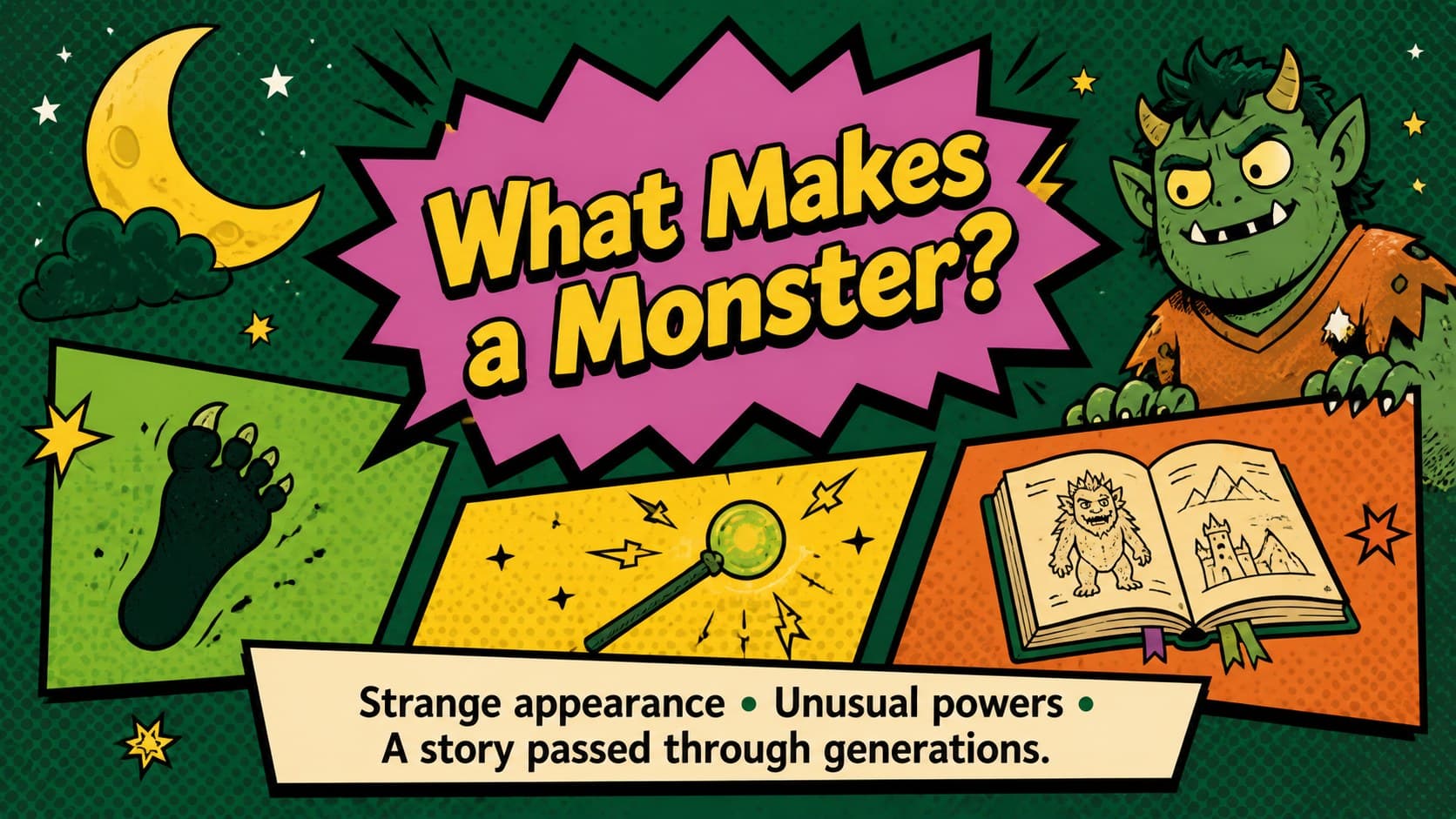 Illustrated monster lesson slide explaining the common traits found in creature folklore.