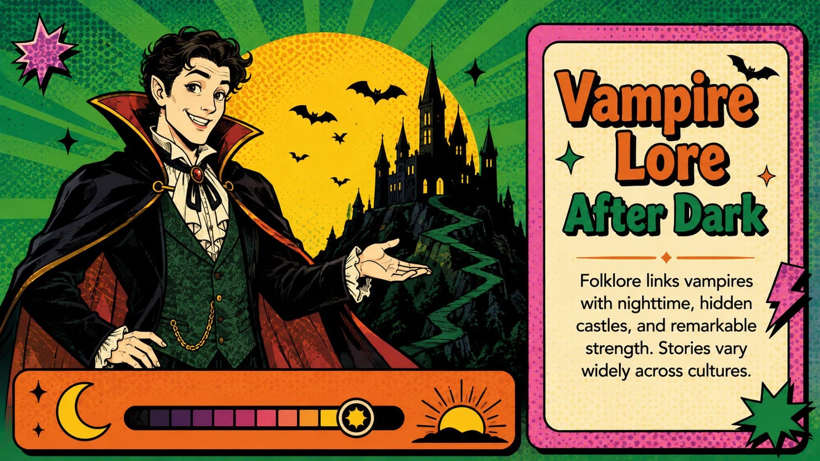 Pop-art vampire folklore slide featuring friendly trivia and an original cartoon character.