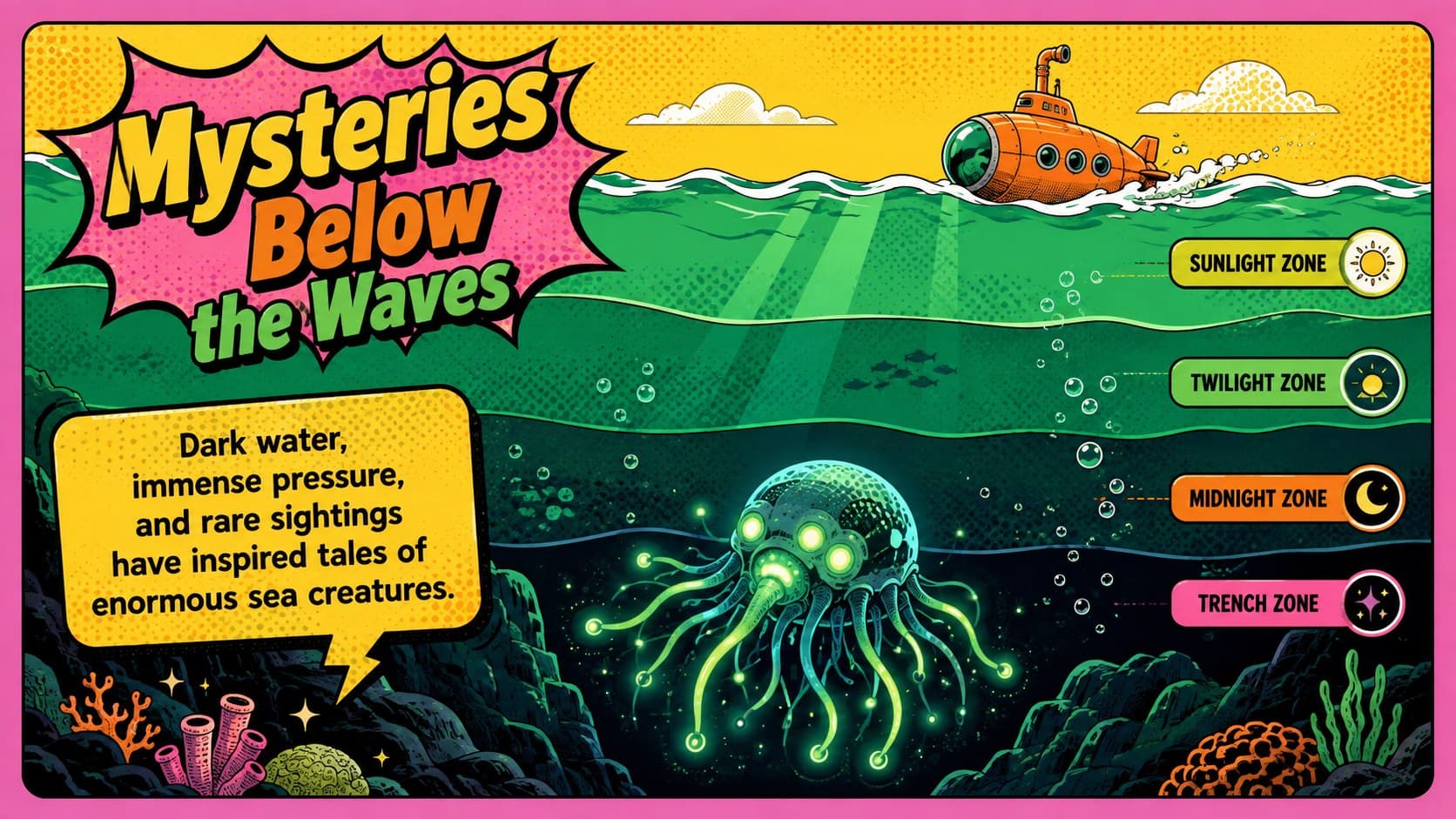 Deep-sea creature facts slide with a bright pop-art ocean scene and labeled habitat details.