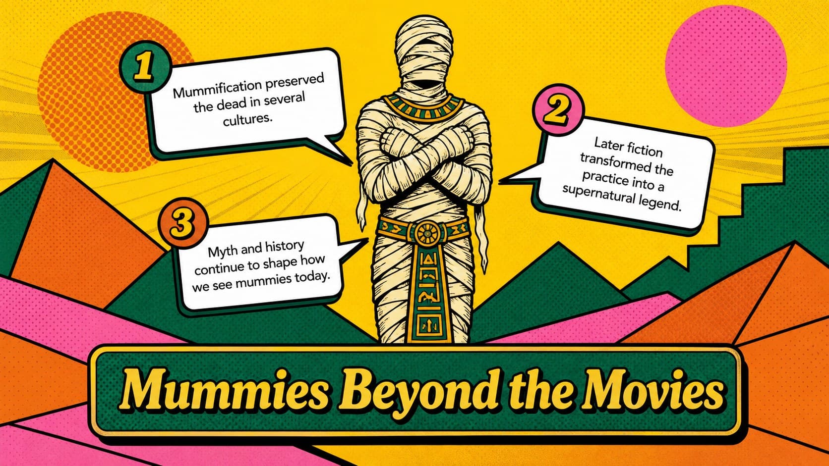 Educational mummy folklore slide combining an original cartoon illustration with ancient burial facts.