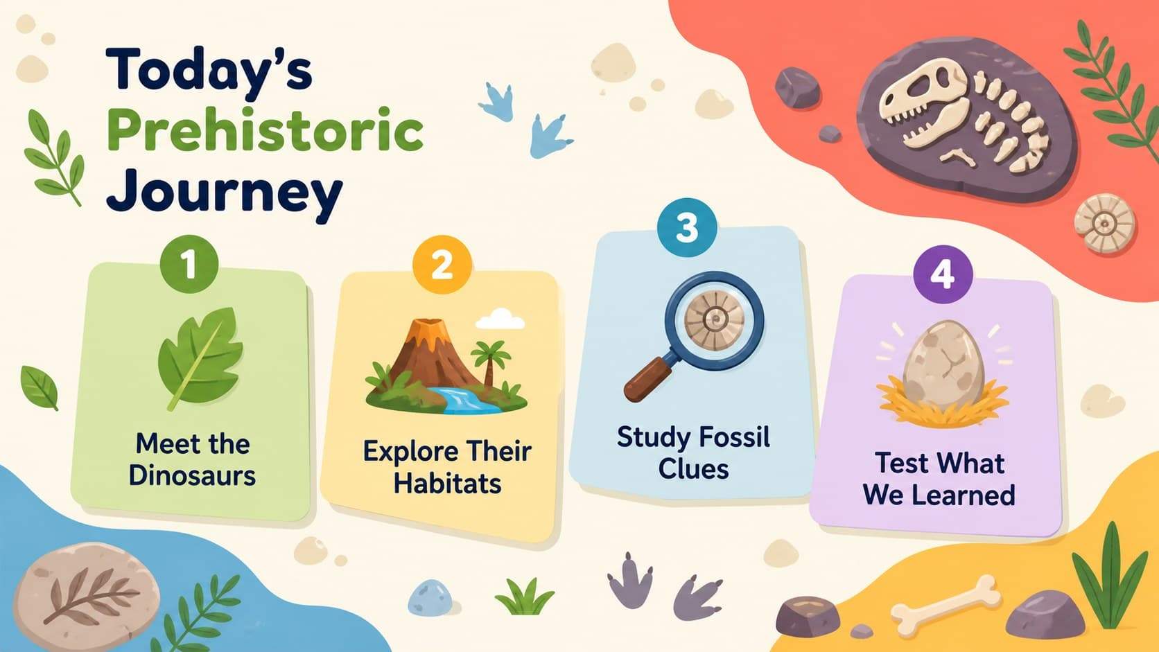Colorful dinosaur classroom agenda slide outlining a prehistoric science lesson in four sections.