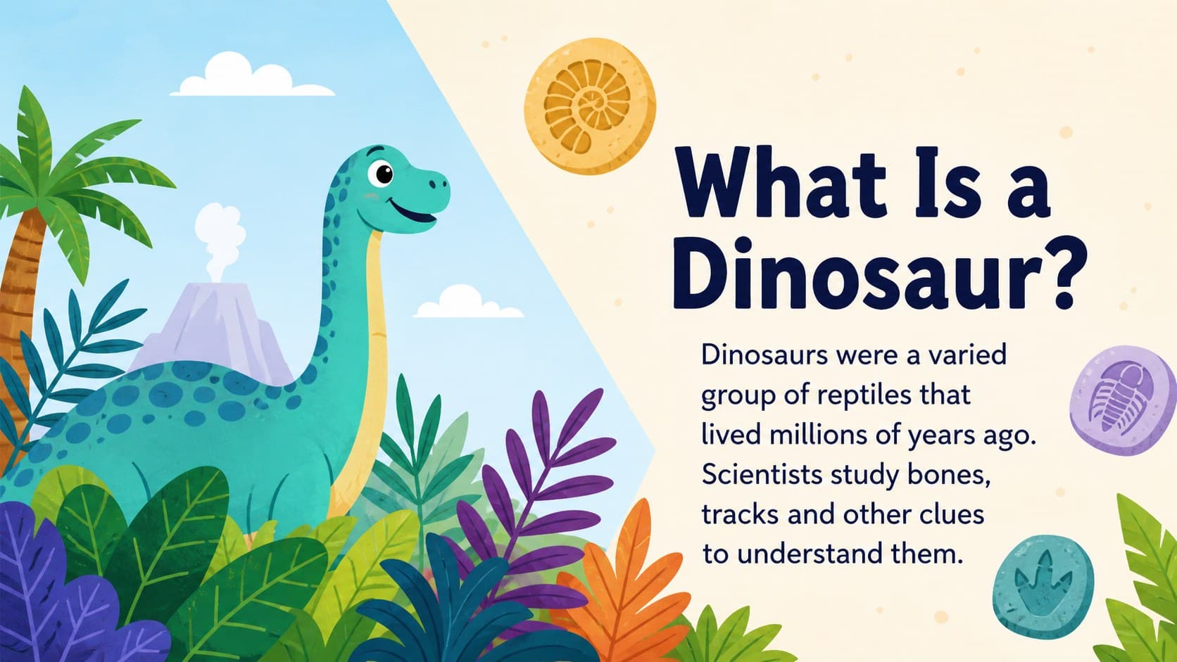 Dinosaur lesson presentation slide introducing prehistoric life with a friendly original sauropod illustration.