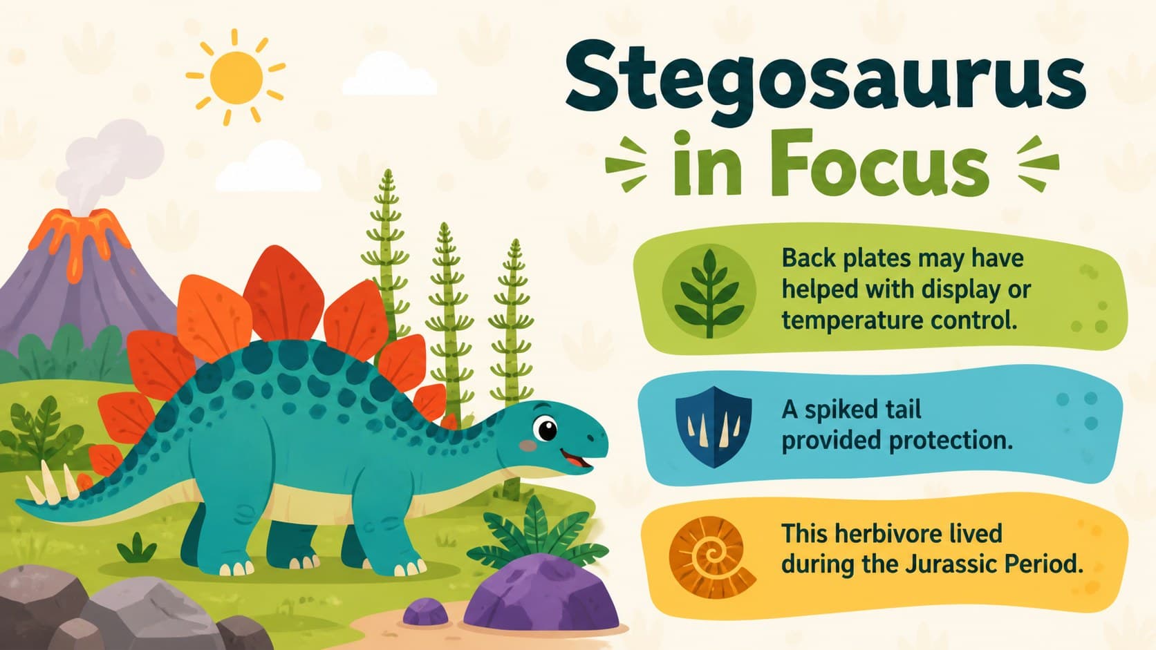 Kids paleontology PowerPoint theme slide featuring an original Stegosaurus and three key characteristics.