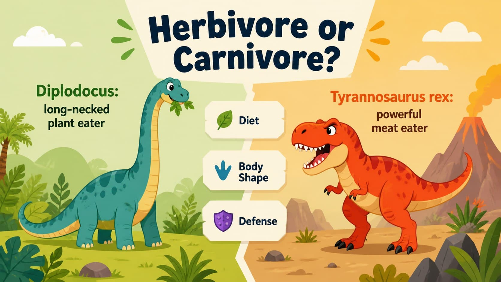 Dinosaur species comparison slide contrasting an original Diplodocus with an original Tyrannosaurus rex.