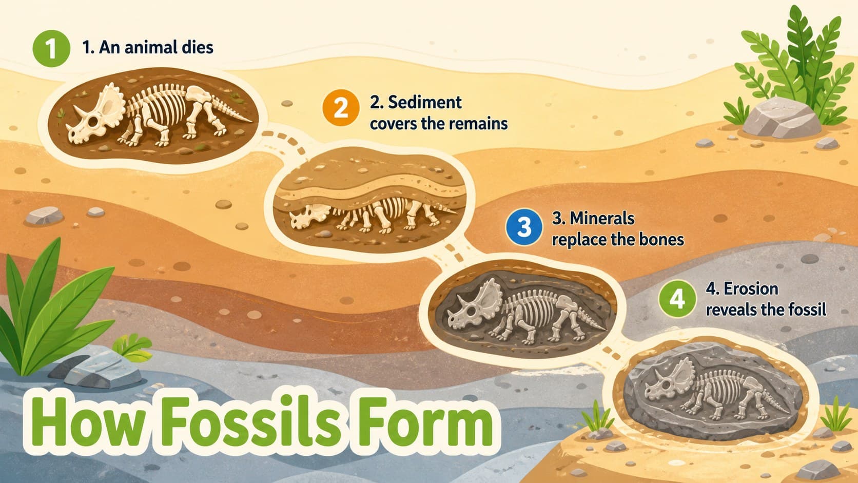 Colorful fossil lesson slide explaining how dinosaur remains become fossils through four stages.