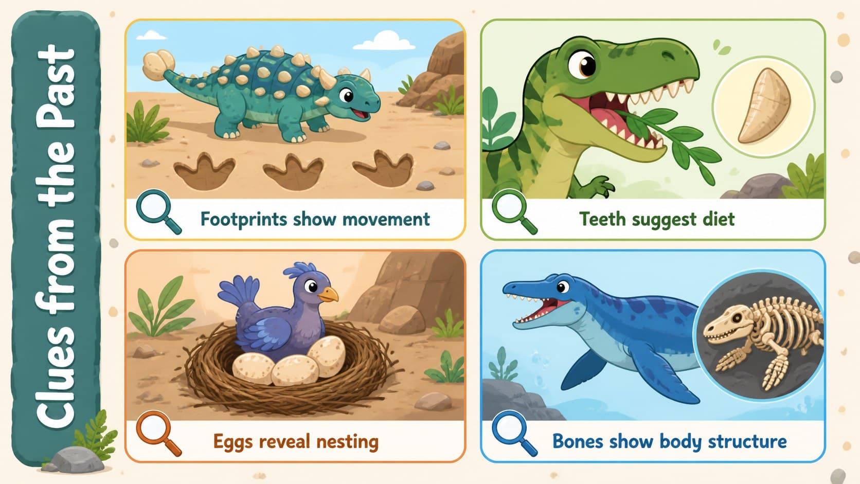 Editable dinosaur lesson presentation slide displaying fossil evidence with footprints, teeth, eggs and bones.