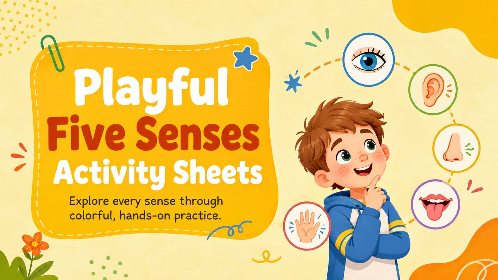 Yellow illustrated cover for Playful Five Senses Activity Sheets with colorful sensory icons for early learners.