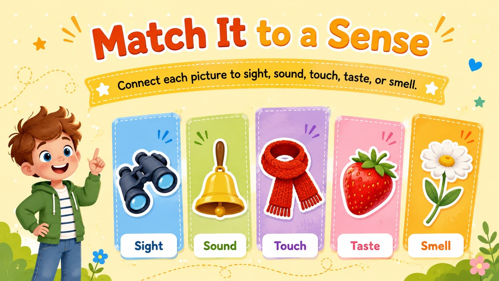 Five senses matching activity with illustrated objects grouped by sight, sound, touch, taste, and smell.