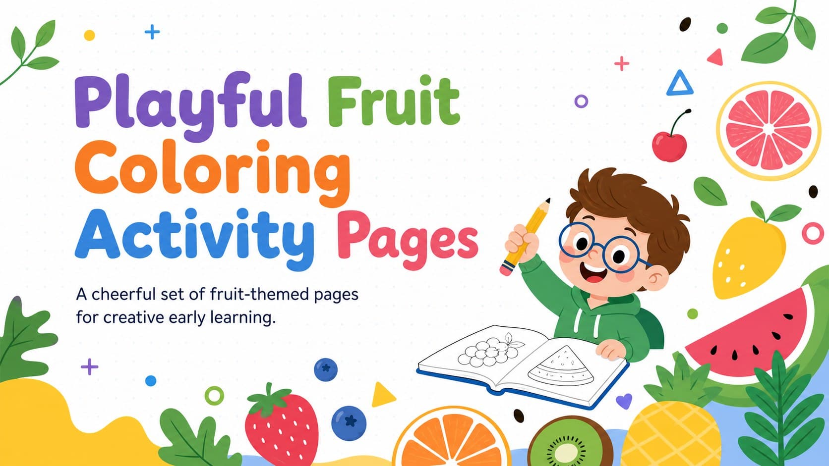 Cover for Playful Fruit Coloring Activity Pages with bright fruit illustrations arranged around a clean white title area.