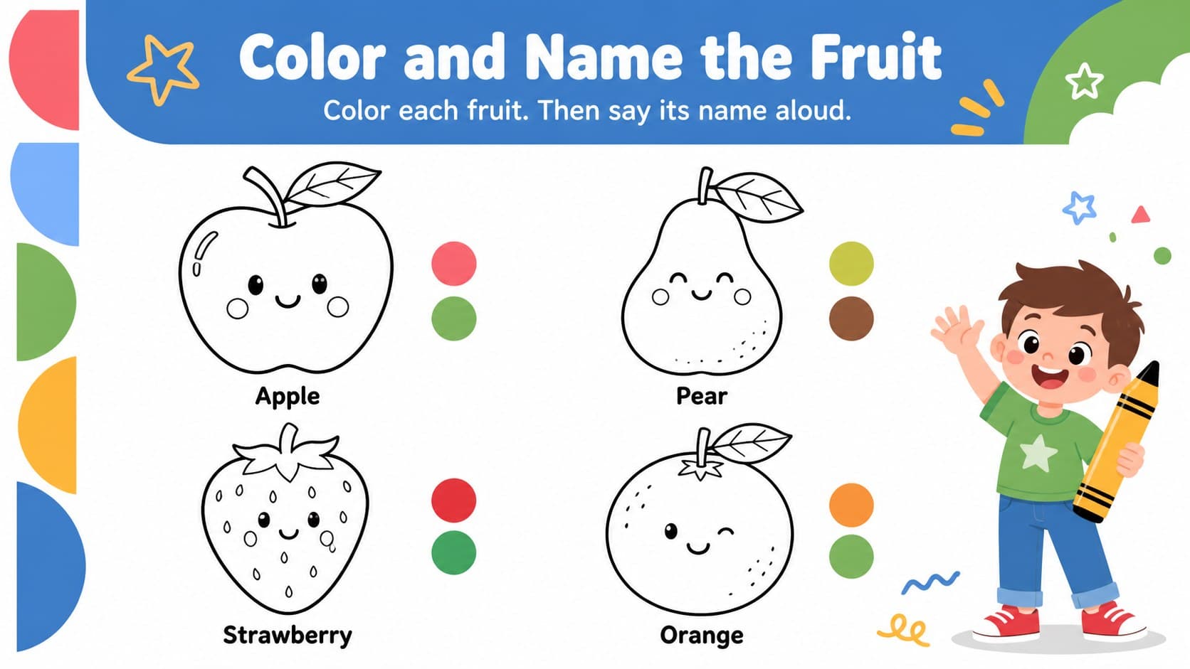 Printable fruit coloring page for preschool featuring large outlined apple, pear, strawberry, and orange drawings with a naming prompt.