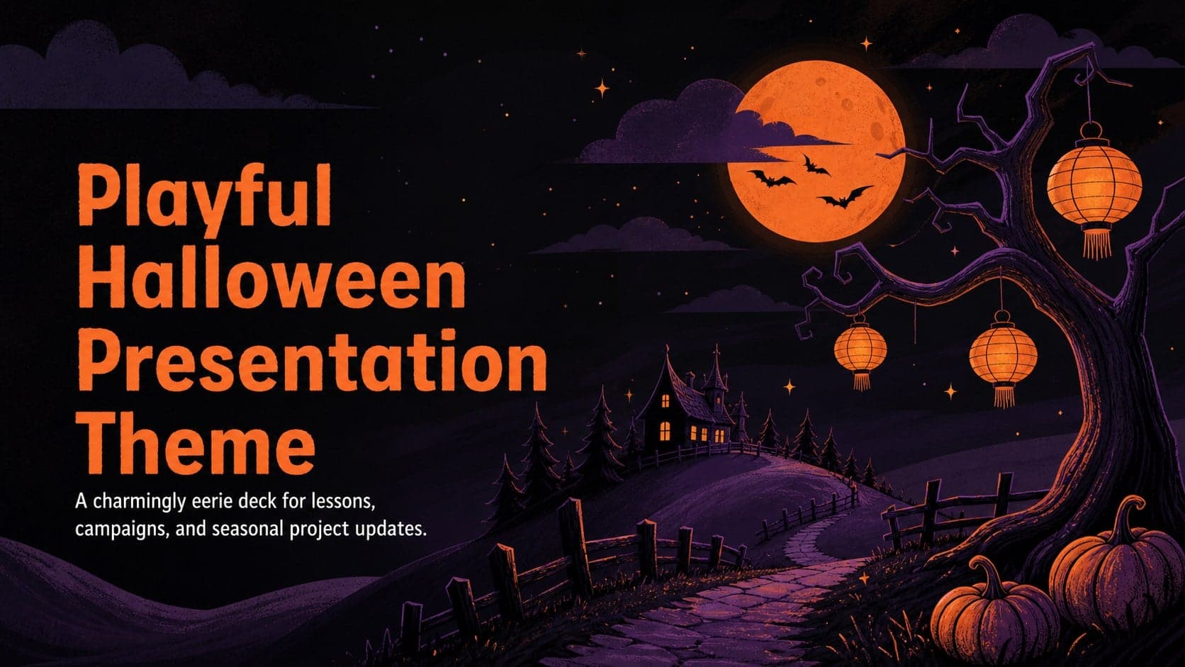 Cover of a playful Halloween presentation theme with an illustrated moonlit landscape in black, orange, and purple.