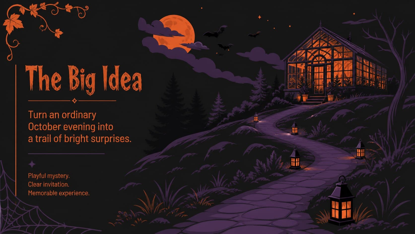 Halloween story concept slide featuring a glowing pathway and concise seasonal campaign message.