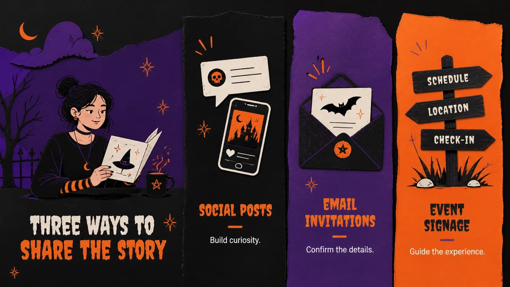 Halloween content strategy slide comparing social posts, email invitations, and event signage.