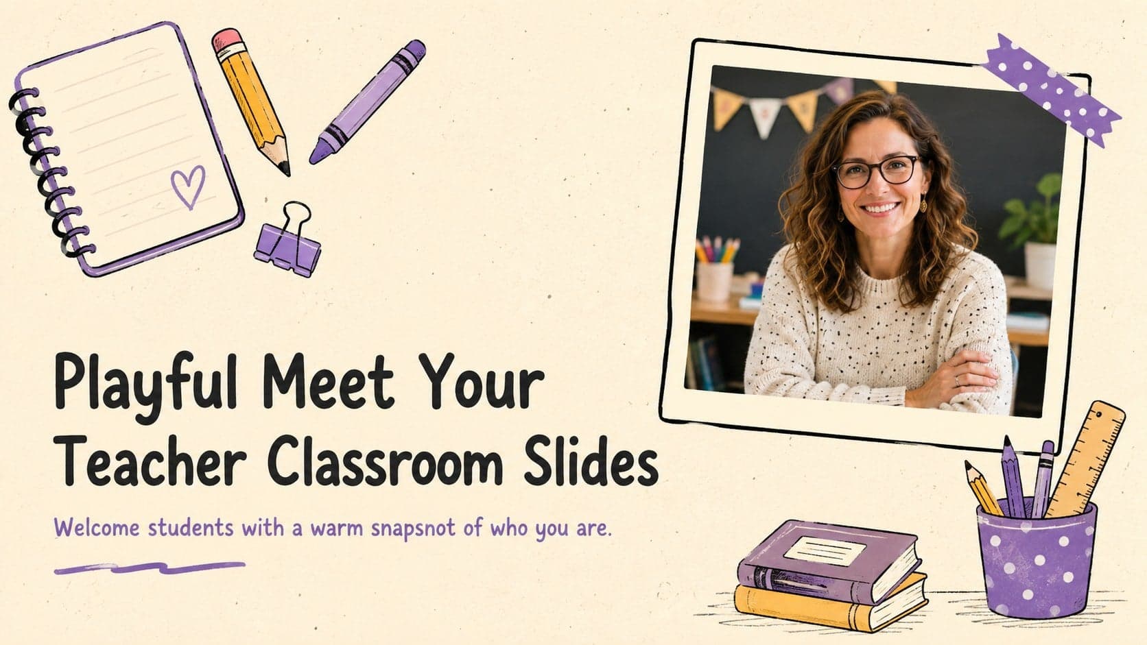 Cover for Playful Meet Your Teacher Classroom Slides with beige and purple doodle styling.