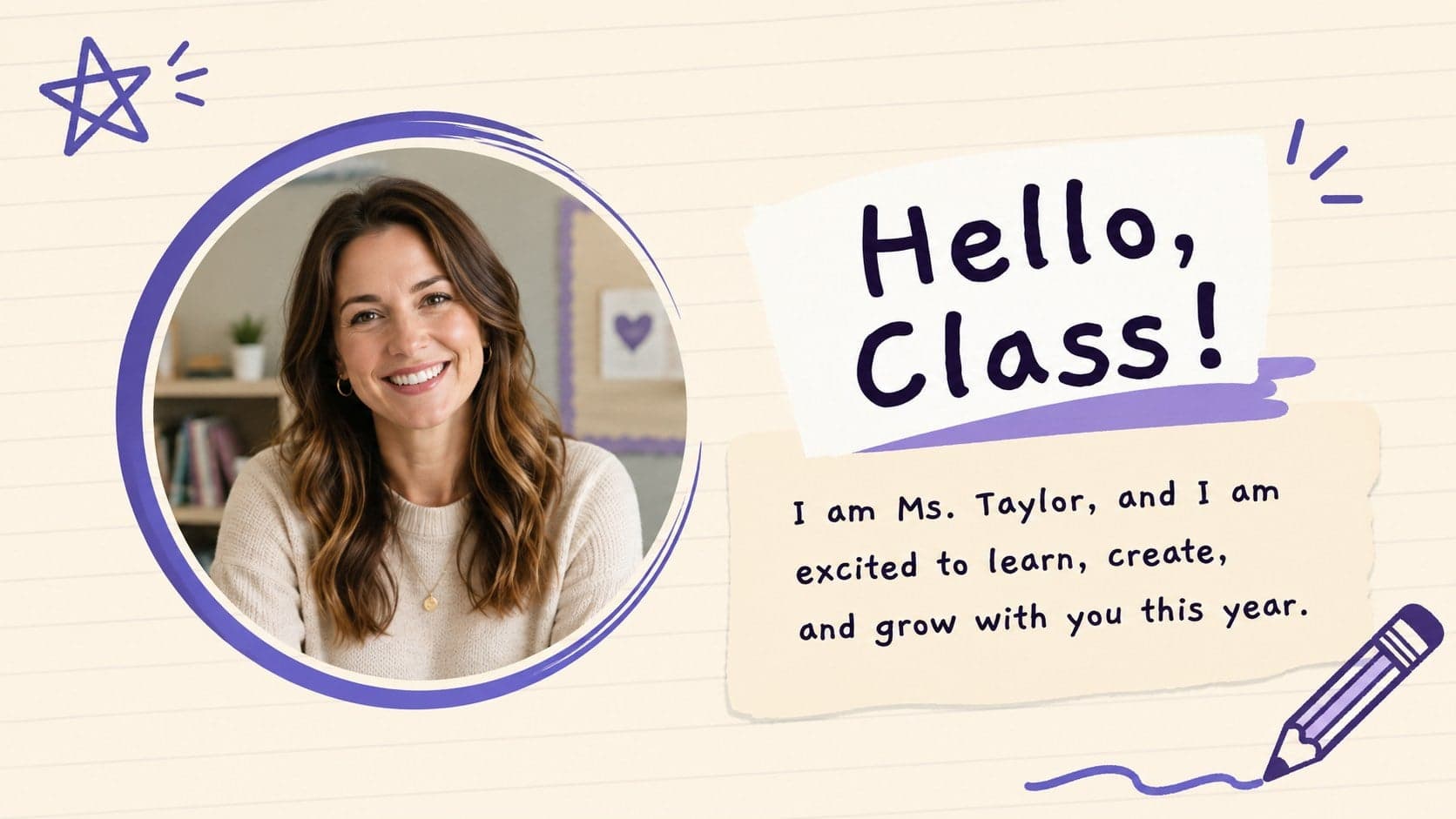 Friendly hello slide from an elementary classroom welcome slide deck featuring a teacher profile area.