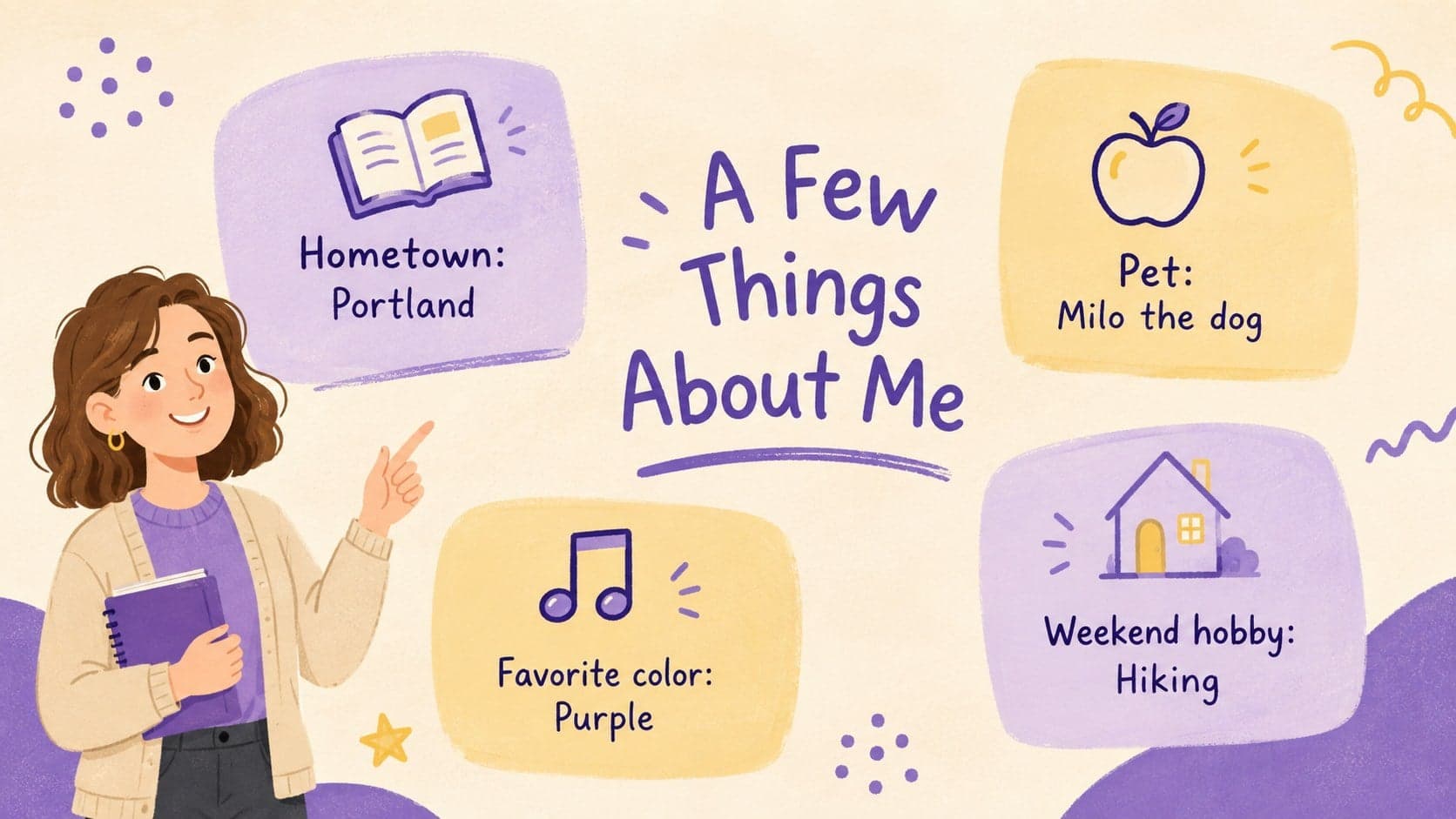 Teacher bio presentation slide showing four quick facts in playful beige and purple panels.