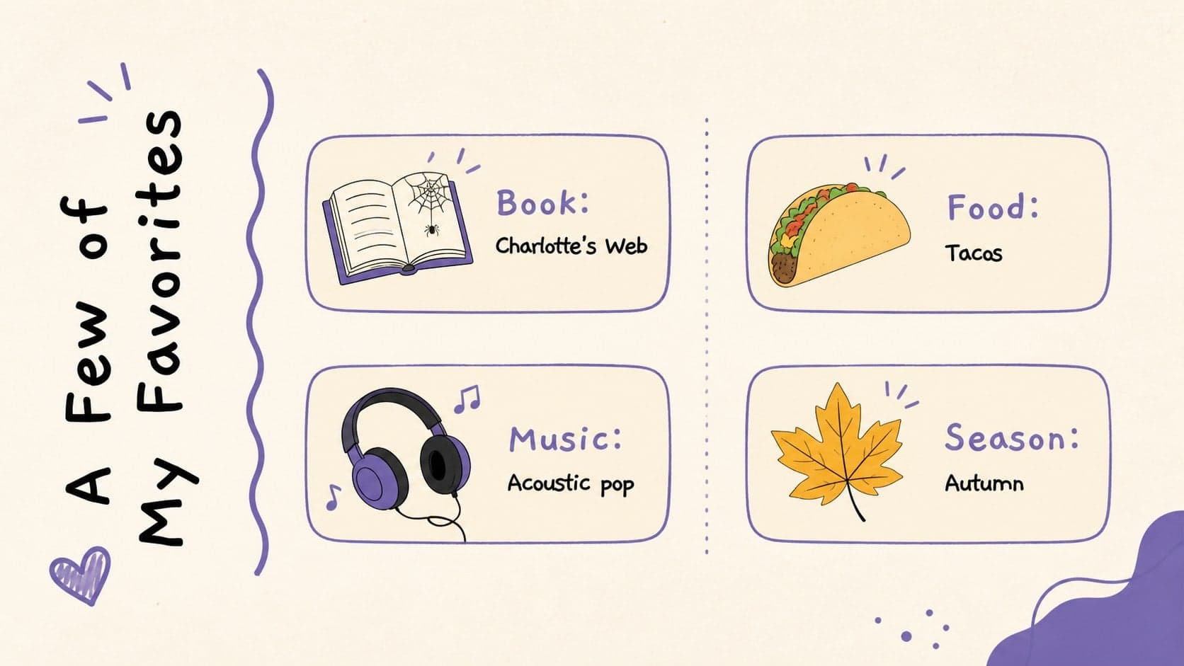 Kid-friendly meet the teacher template slide sharing a teacher's favorite books, food, music, and season.