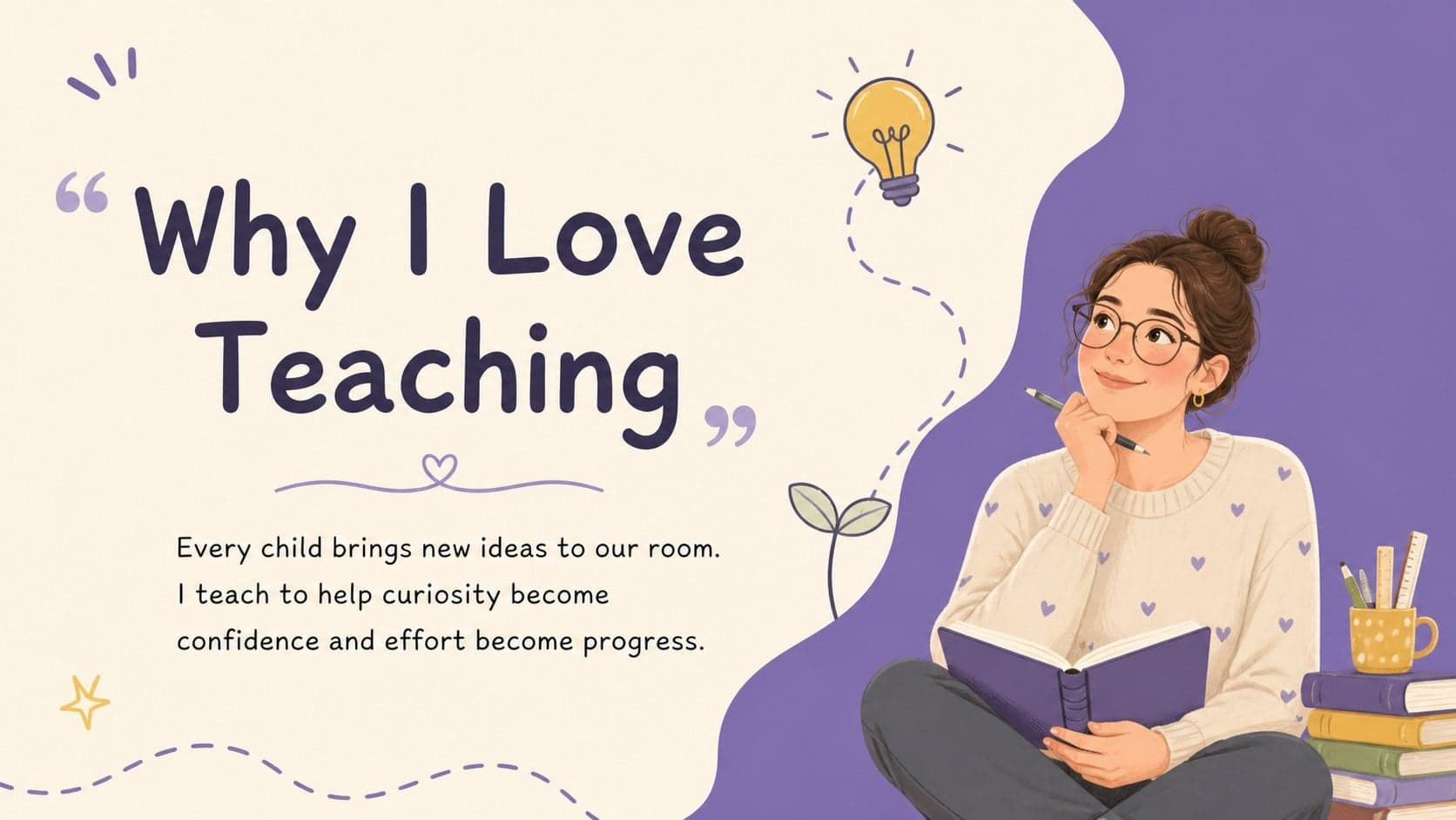 Elementary teacher introduction slide explaining a passion for curiosity, confidence, and learning.