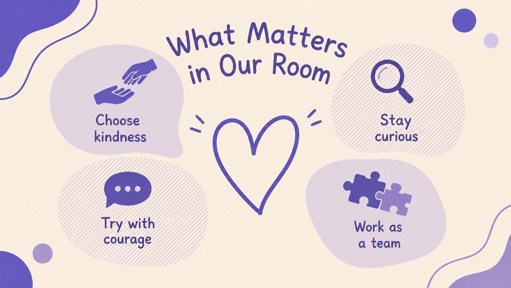 Purple and beige classroom values slide highlighting kindness, curiosity, courage, and teamwork.