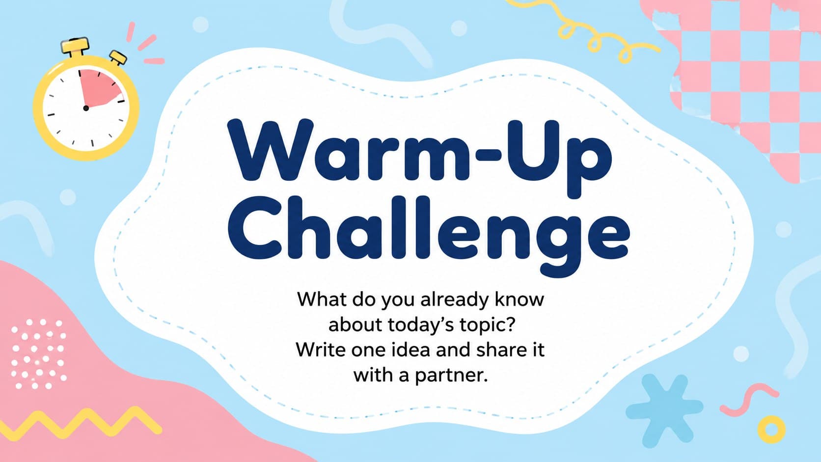 Fun lesson activity slide deck layout featuring a colorful warm-up question.