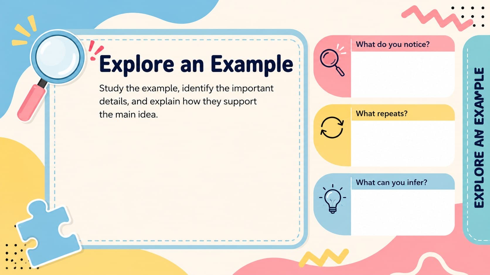 Colorful education template slide pairing a lesson example with observation notes.