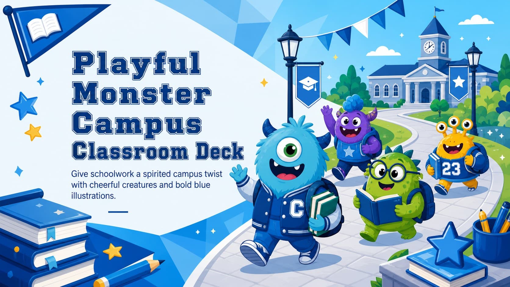 Cover of the Playful Monster Campus Classroom Deck with original student creatures on a bright blue illustrated campus.