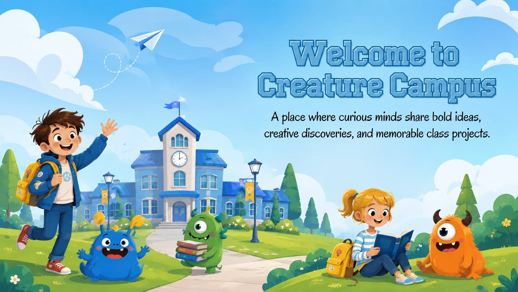 Blue monster school presentation template slide welcoming students to an imaginative creature campus.
