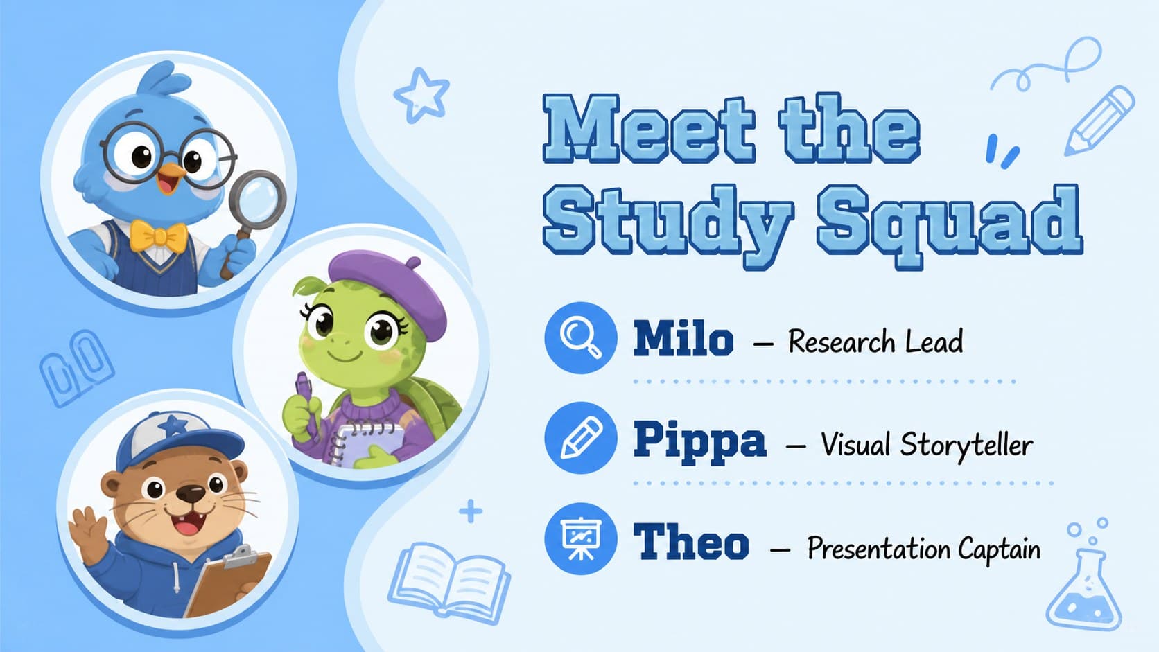 Illustrated classroom project deck slide introducing three original monster student team members.