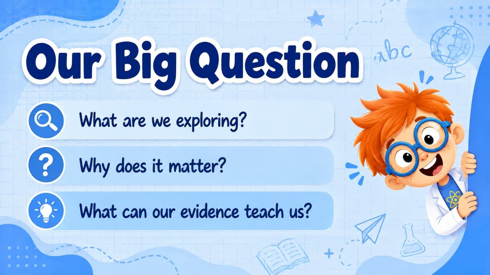 Cartoon university presentation theme slide outlining a class topic through three concise learning questions.