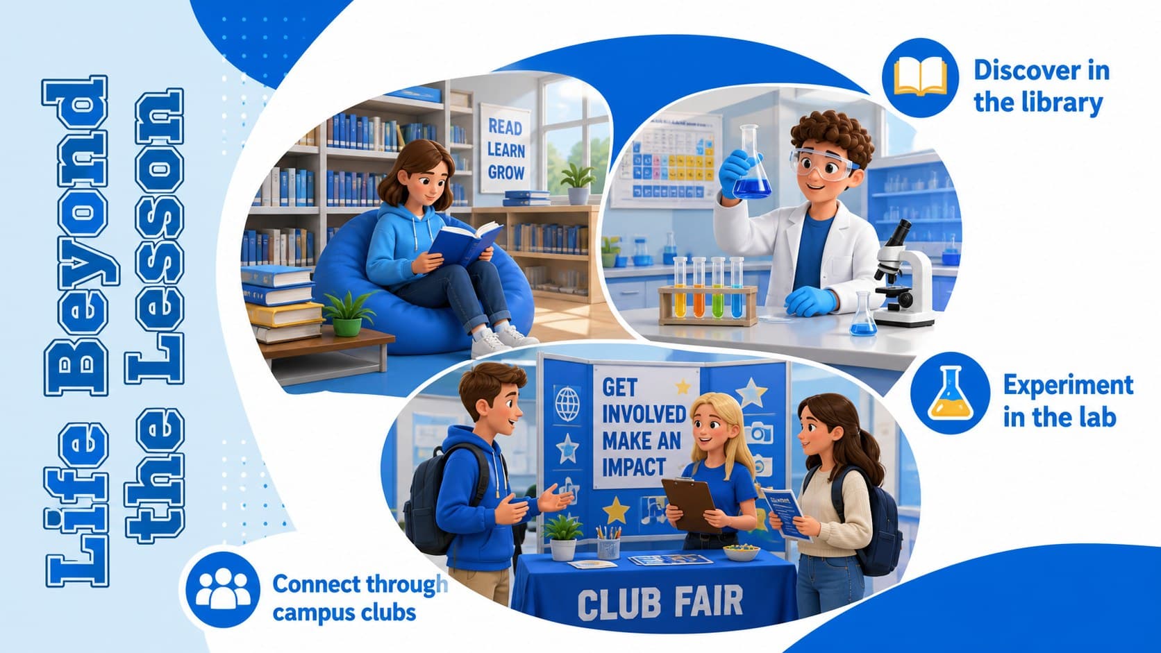 Cute creature education slide deck page featuring three illustrated campus life activities.