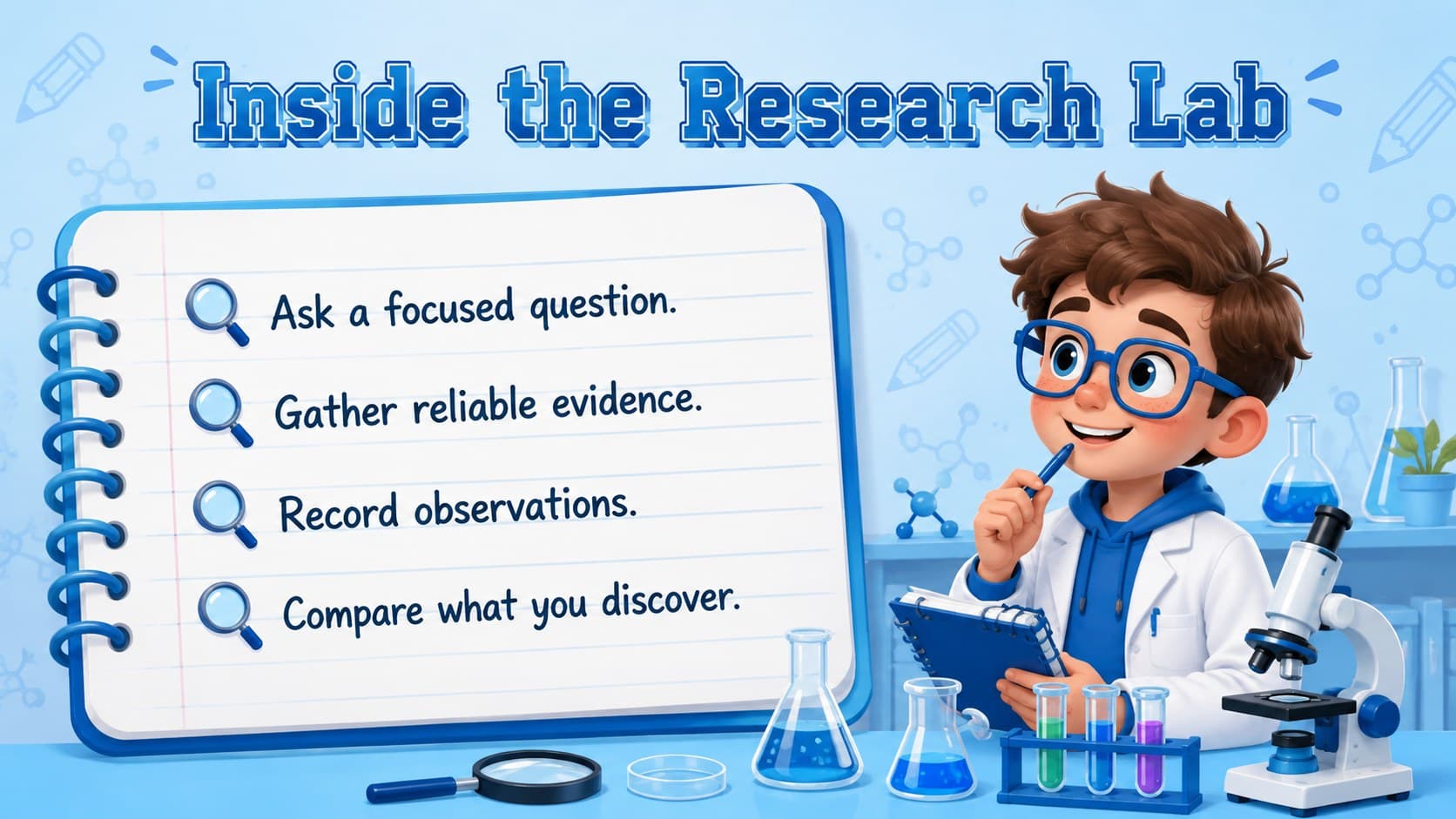 Illustrated classroom project deck research slide with notes, evidence, and an original creature scientist.