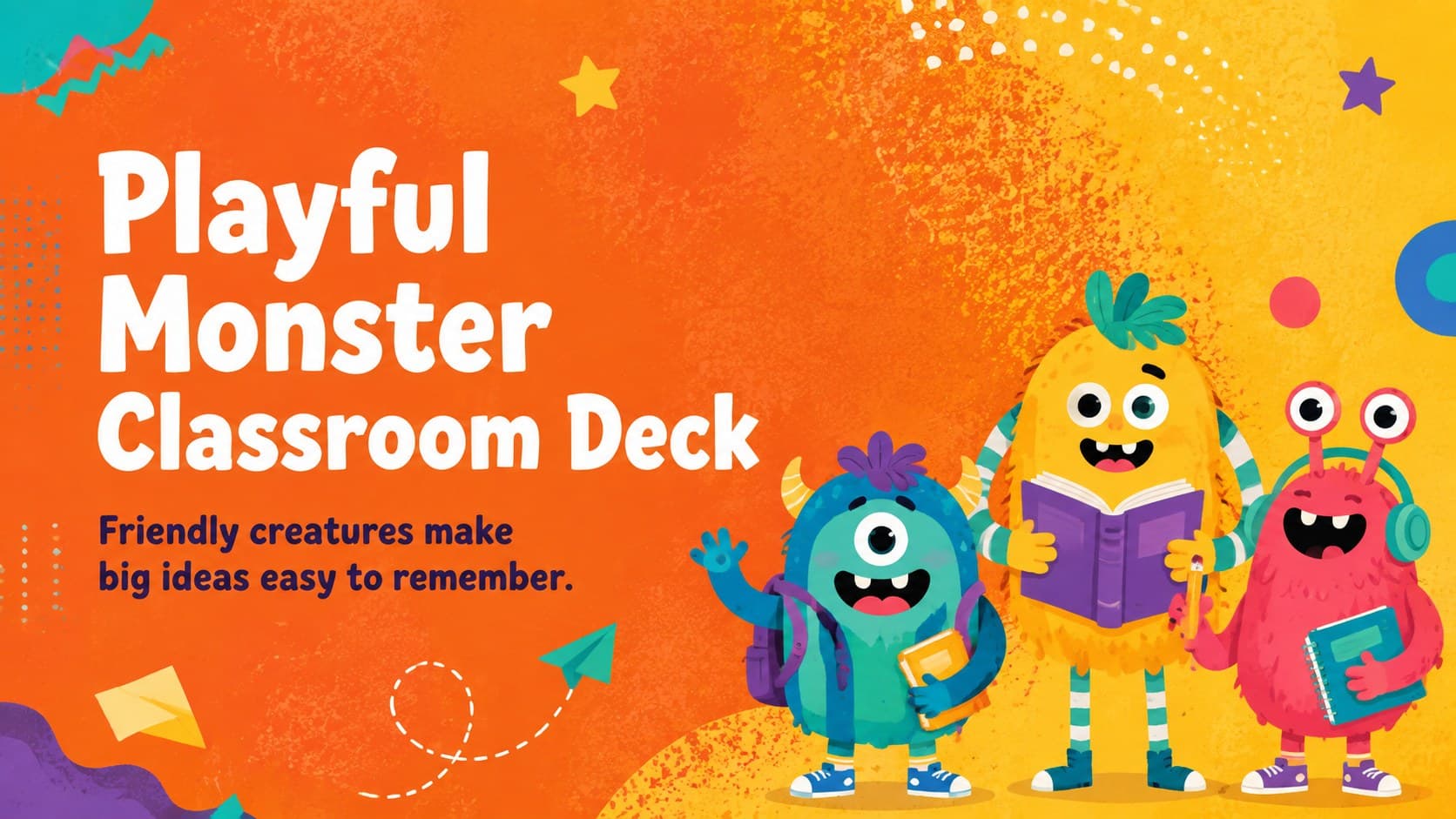Cover of the Playful Monster Classroom Deck with original cartoon creatures on a bright orange and yellow background.