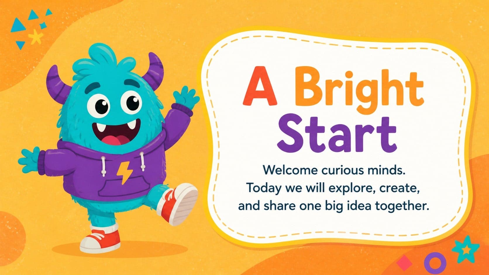 Bright classroom introduction layout from a friendly monster school presentation with an illustrated creature beside editable text.